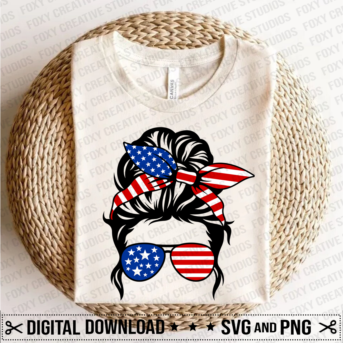 American Messy Bun svg, Messy Bun Mom svg, Patriotic svg, 4th of July svg, Red White and Blue stripes svg, American Flag svg