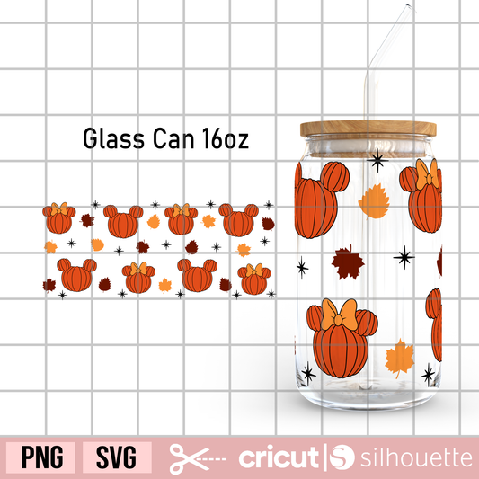 Pumpkin Mouse Fall Libbey glass wrap svg, Libbey Glass can wrap 16oz svg, Pumpkin mickey svg, Pumpkin minnie svg, pumpkin and fall leaves svg
