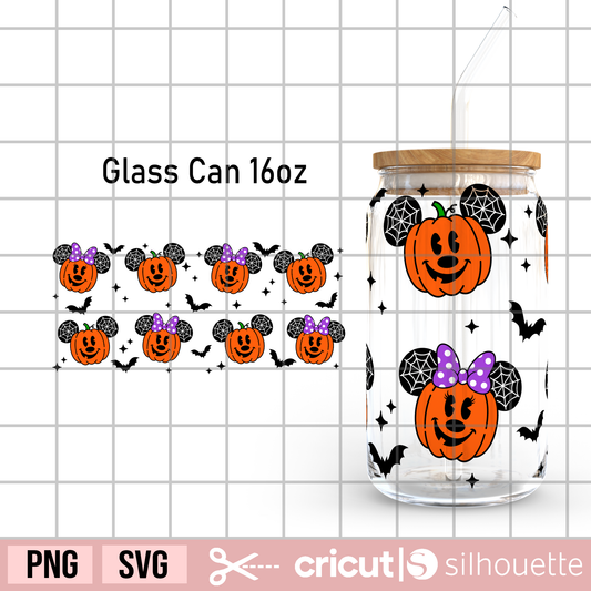Halloween Pumpkin Mouse Libbey glass wrap svg, Pumpkin mickey svg, Pumpkin minnie svg, Halloween svg, Halloween Libbey glass wrap svg 16oz, flying bats svg
